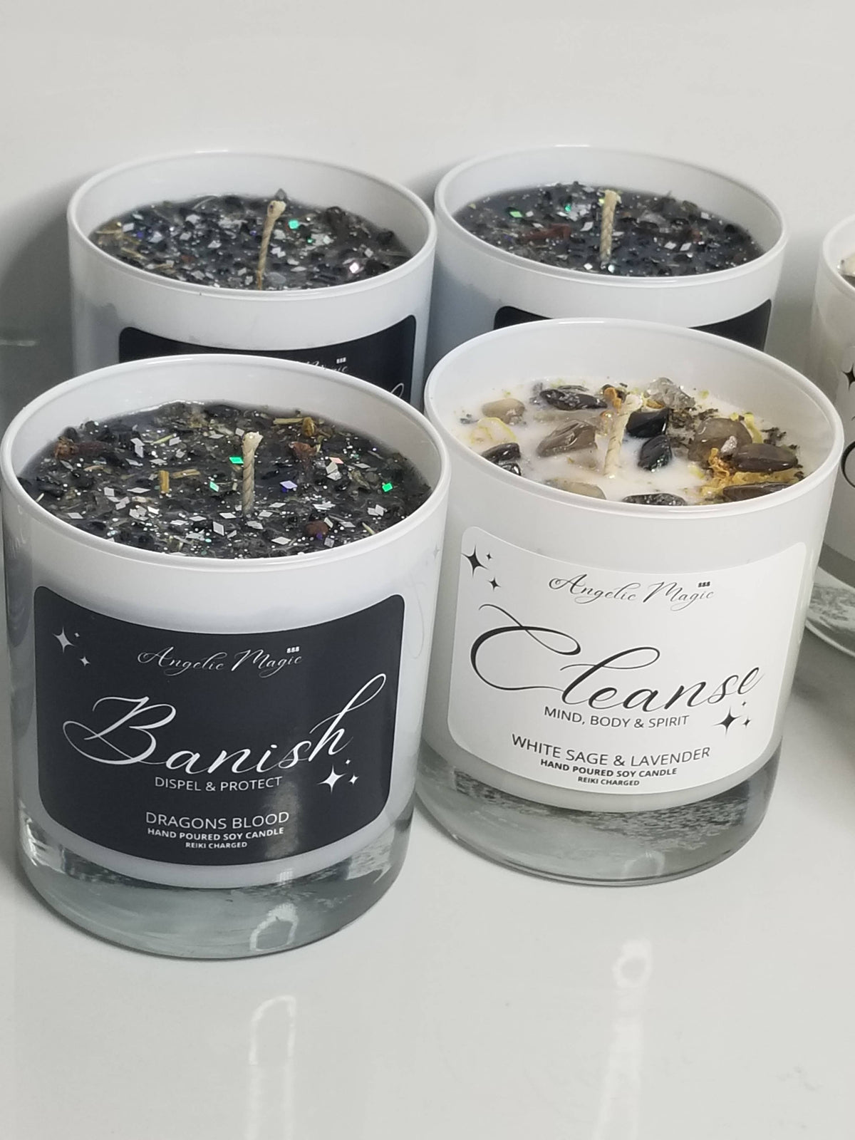Banish Soy Candle, AAA Black Tourmaline Crystals, Herbs, Dra