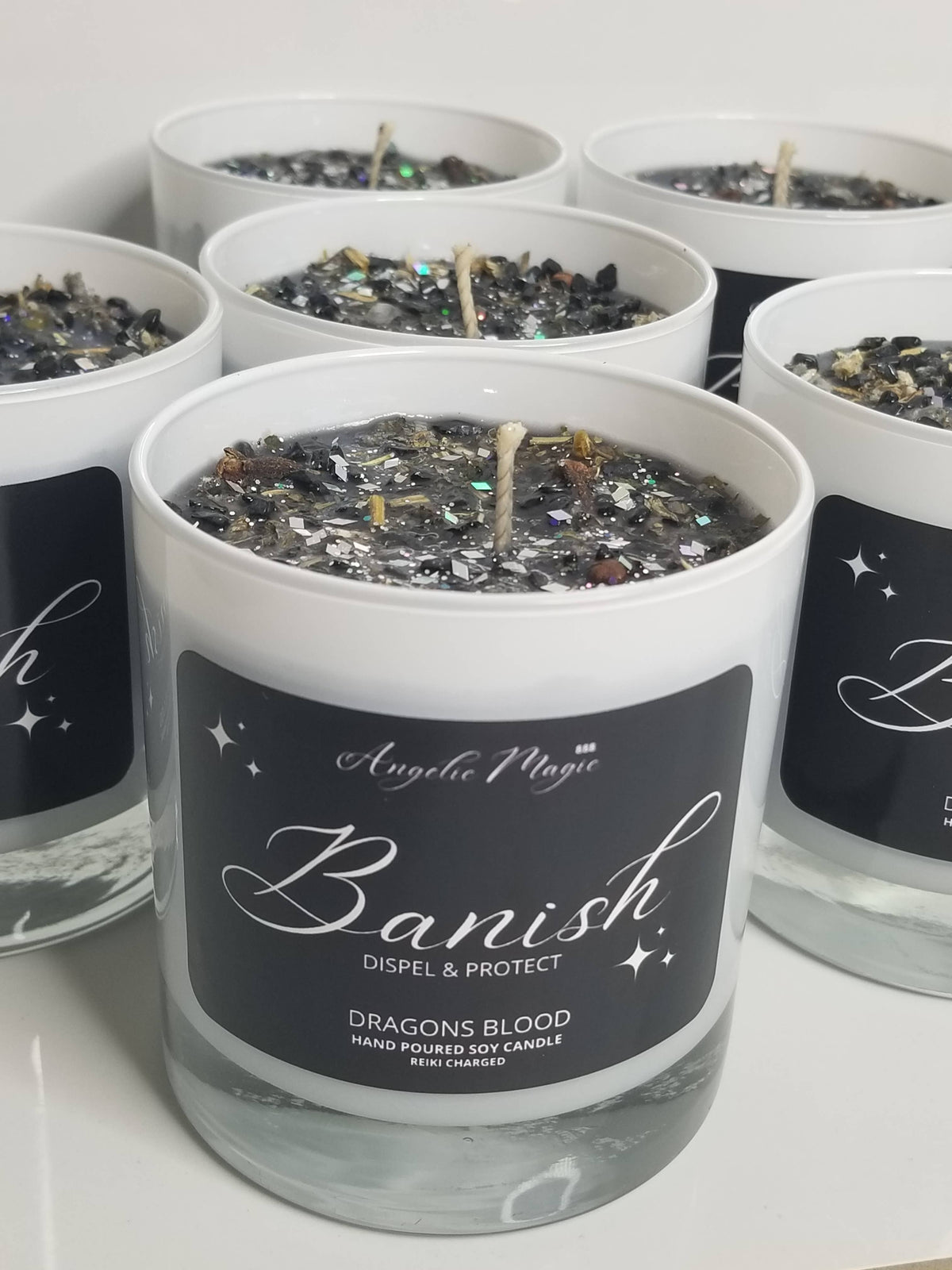 Banish Soy Candle, AAA Black Tourmaline Crystals, Herbs, Dra